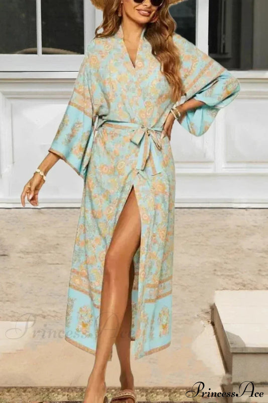 Blue Floral Sashes Boho Kimono Dress