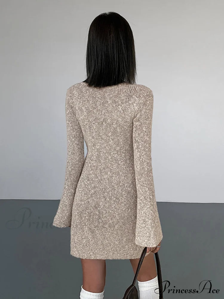 Bodycon V-Neck Long Trendy Sleeve Mini Knit Dress Sweaters-L