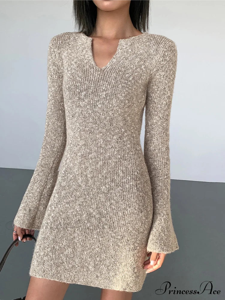 Bodycon V-Neck Long Trendy Sleeve Mini Knit Dress Sweaters-L