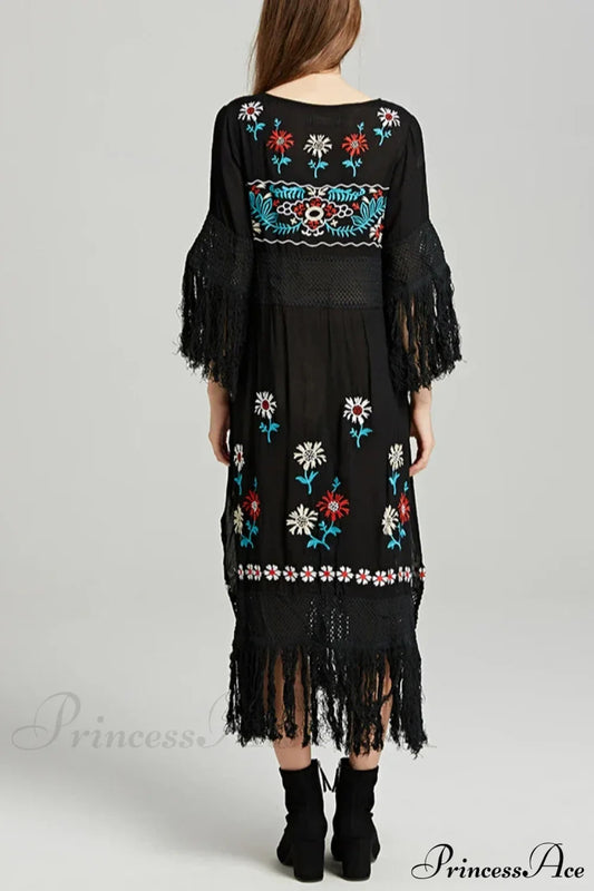 Boho Black Cotton Floral Embroidery Dress