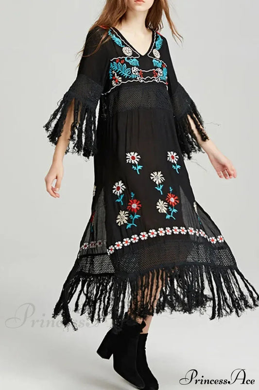 Boho Black Cotton Floral Embroidery Dress