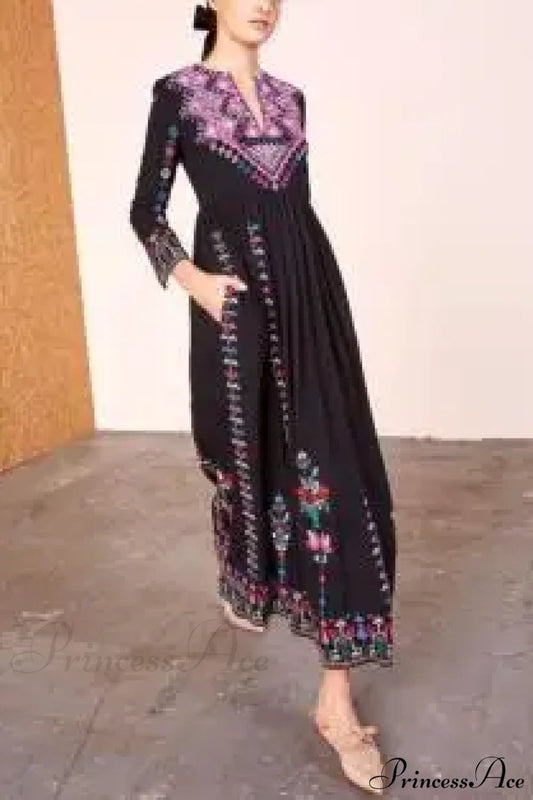 Boho Long Dress Ethnic Floral Embroidery Rayon V-neck Chic Dress