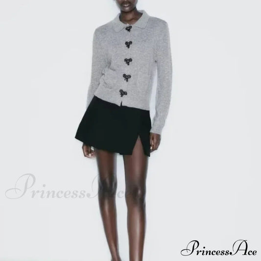 Bow Button Lapel Cardigan