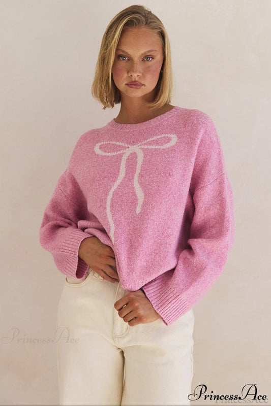 Bow Jacquard Crew-Neck Loose Casual Sweater