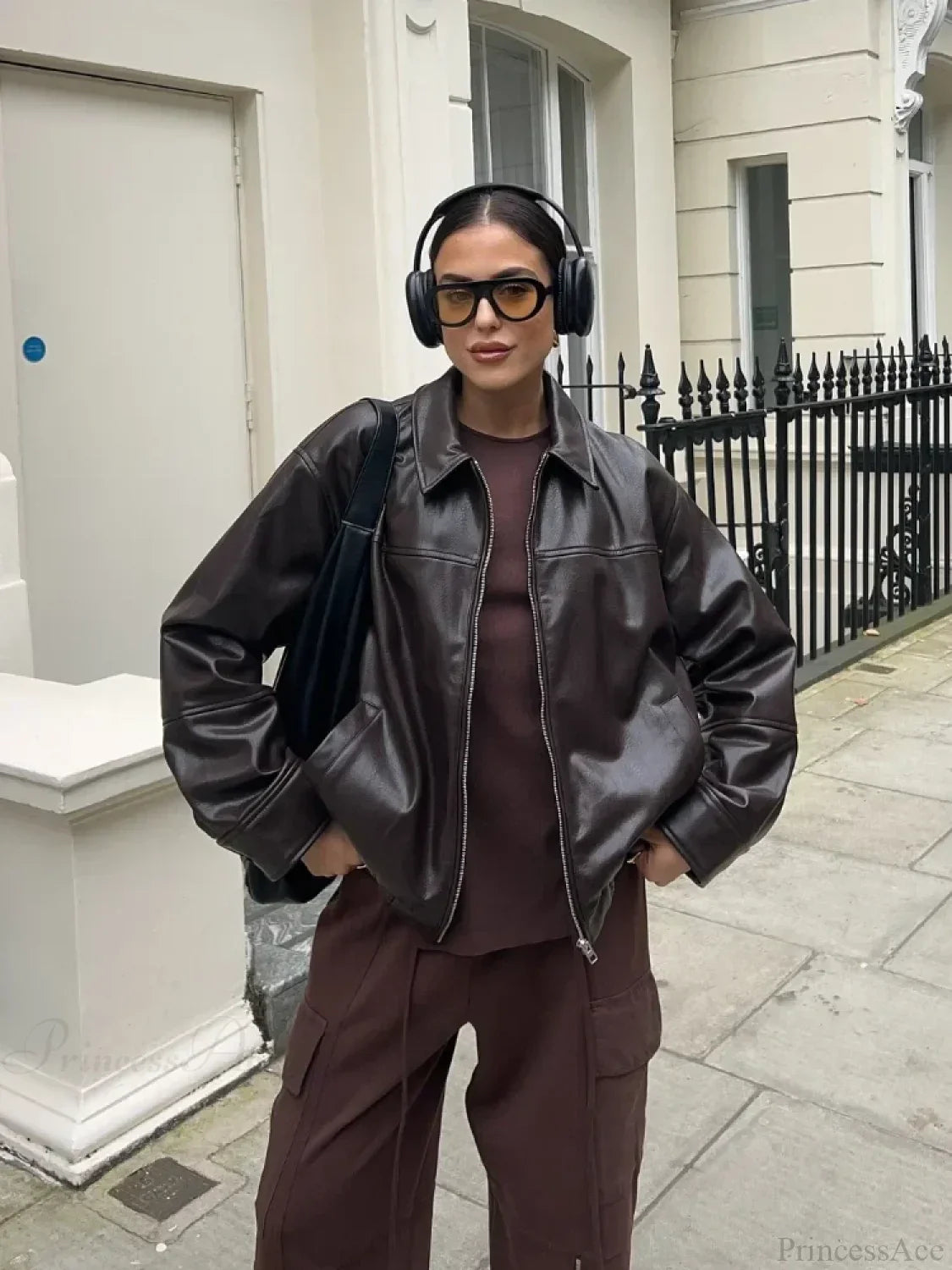 Brown Drawstring Tie Leather Coat