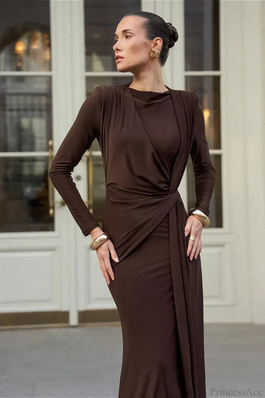 Brown Knit Round Neck Bodycon Maxi Dress