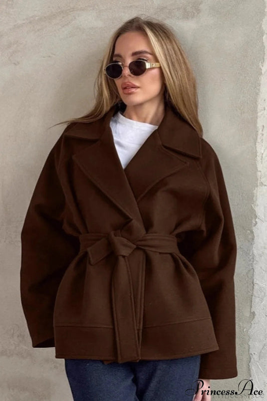 Brown Tie-Waist Wool Blend Loose Mid-Length Coat