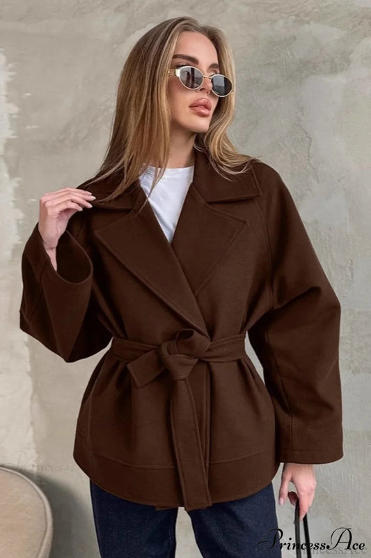 Brown Tie-Waist Wool Blend Loose Mid-Length Coat Brown / S