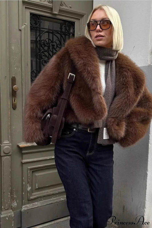 Brown Vintage Old Money Faux Fox Fur Short Coat