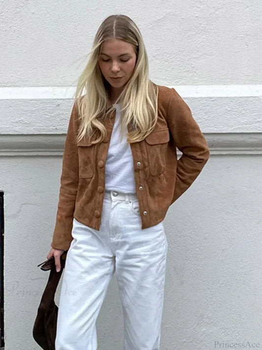 Brown Woolen Long Sleeve Short Coat