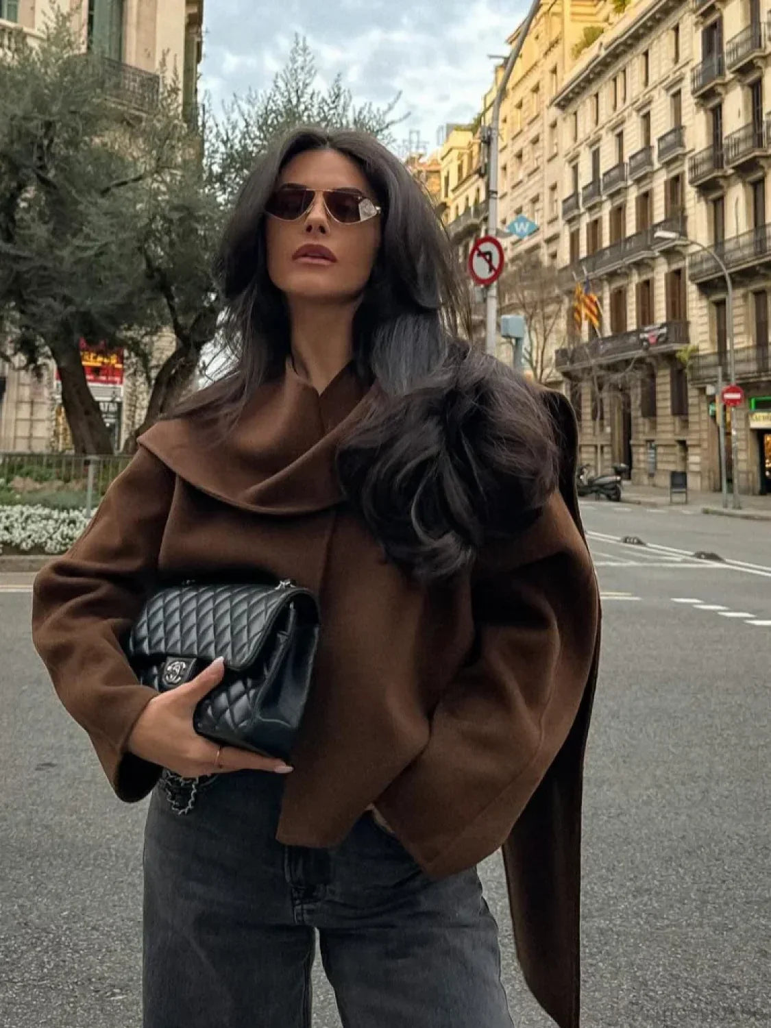 Brown Woolen Round Neck Scarf Coat