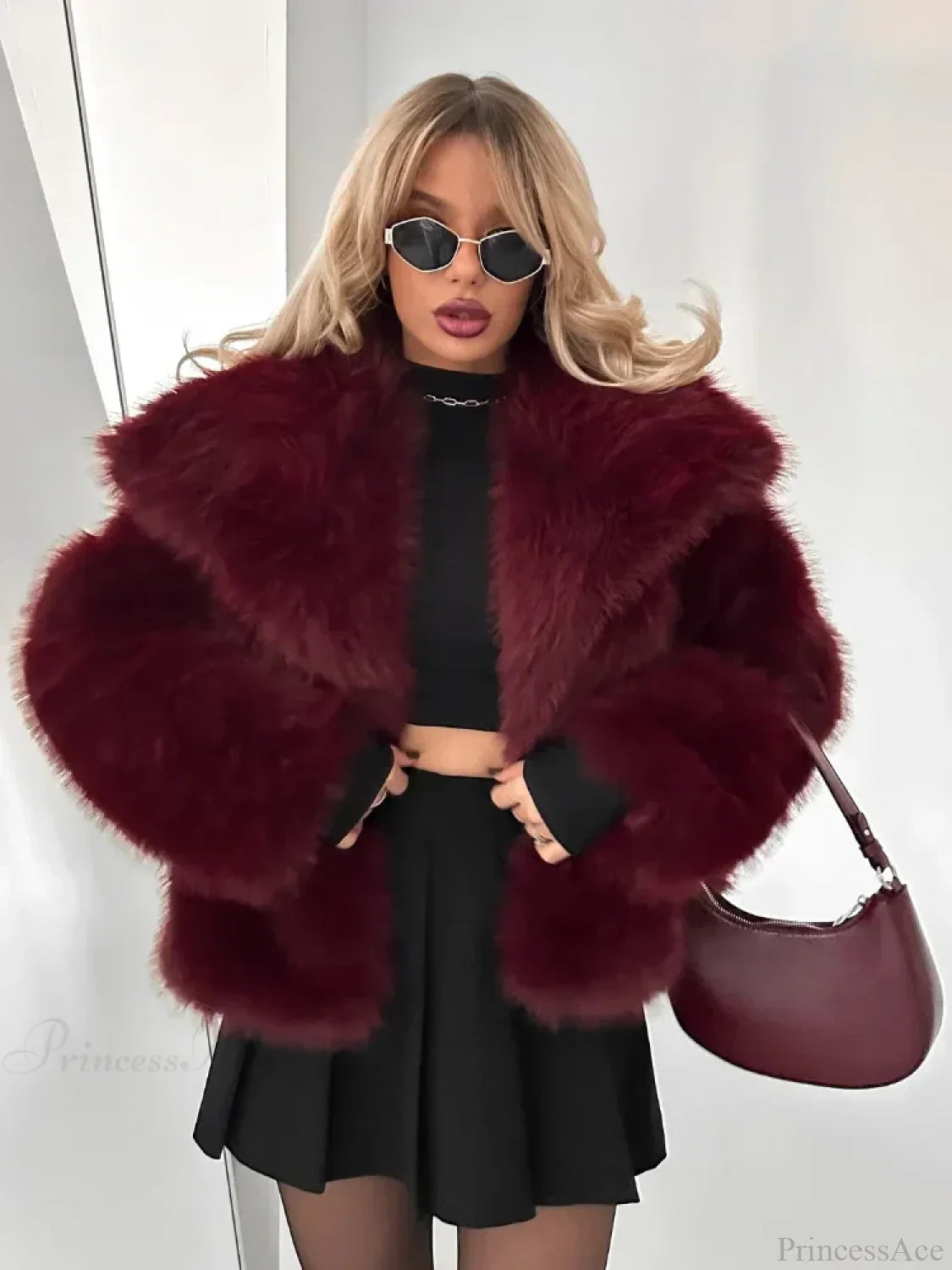 Burgundy Fluffy Lapel Short Coat Wine red / S