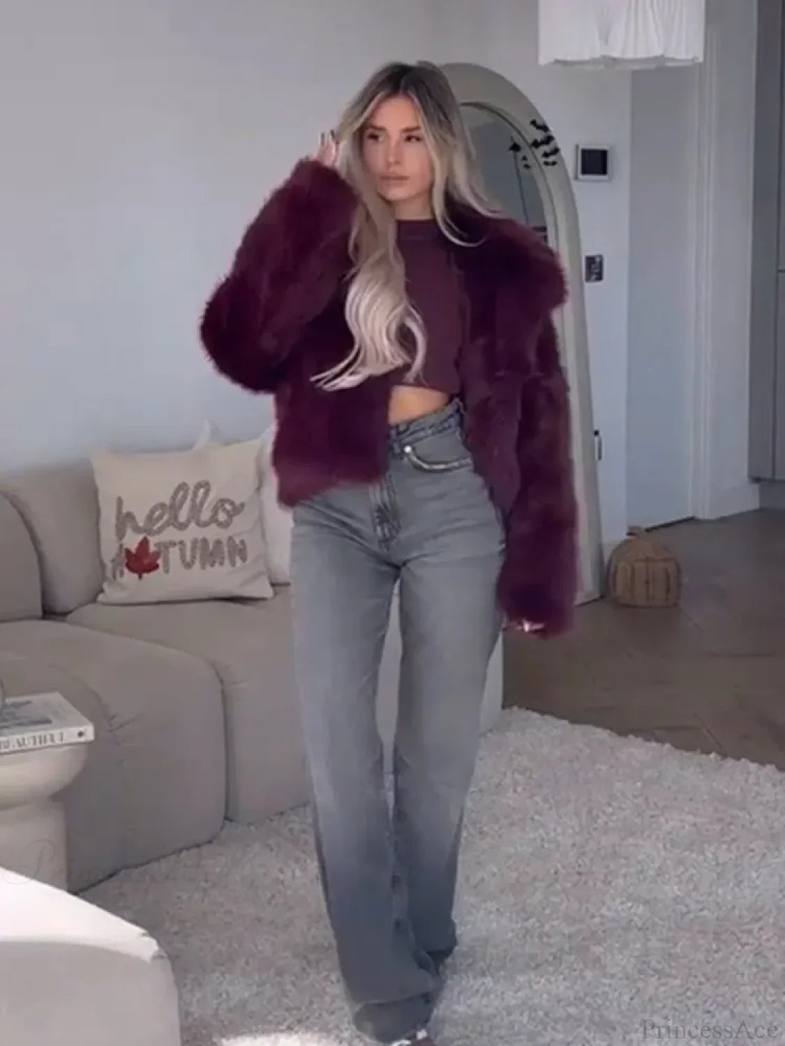 Burgundy Fluffy Turn-down Collar Coat