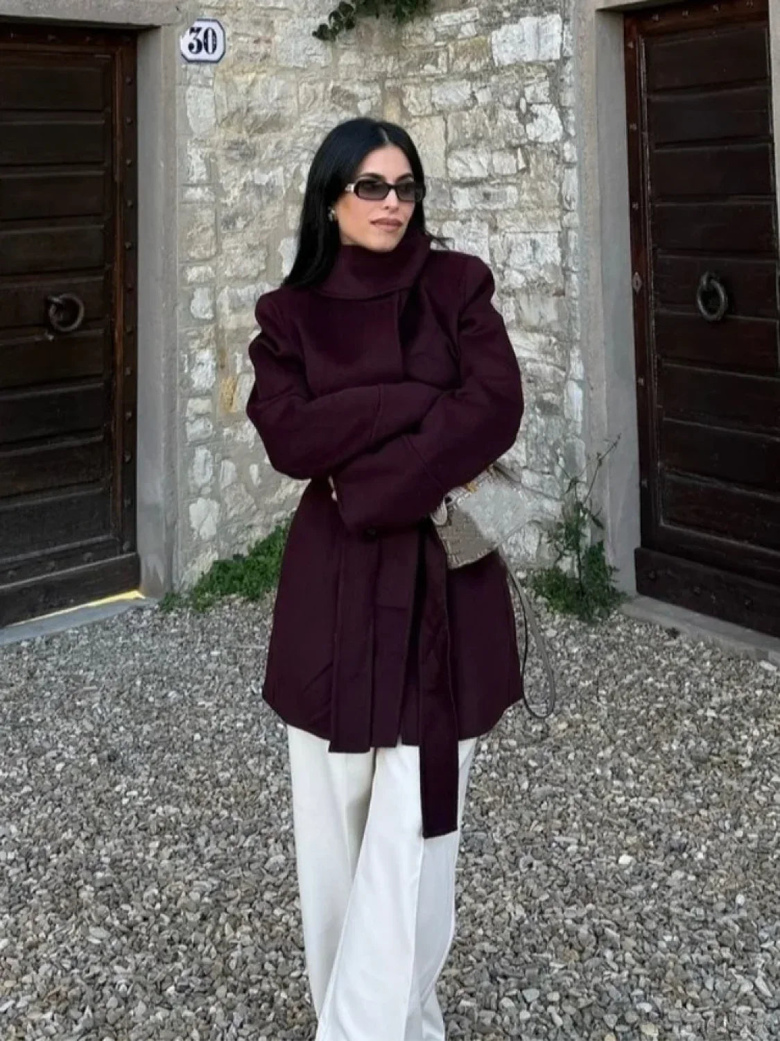 Burgundy Lace-Up Wool Coat Coats-241208