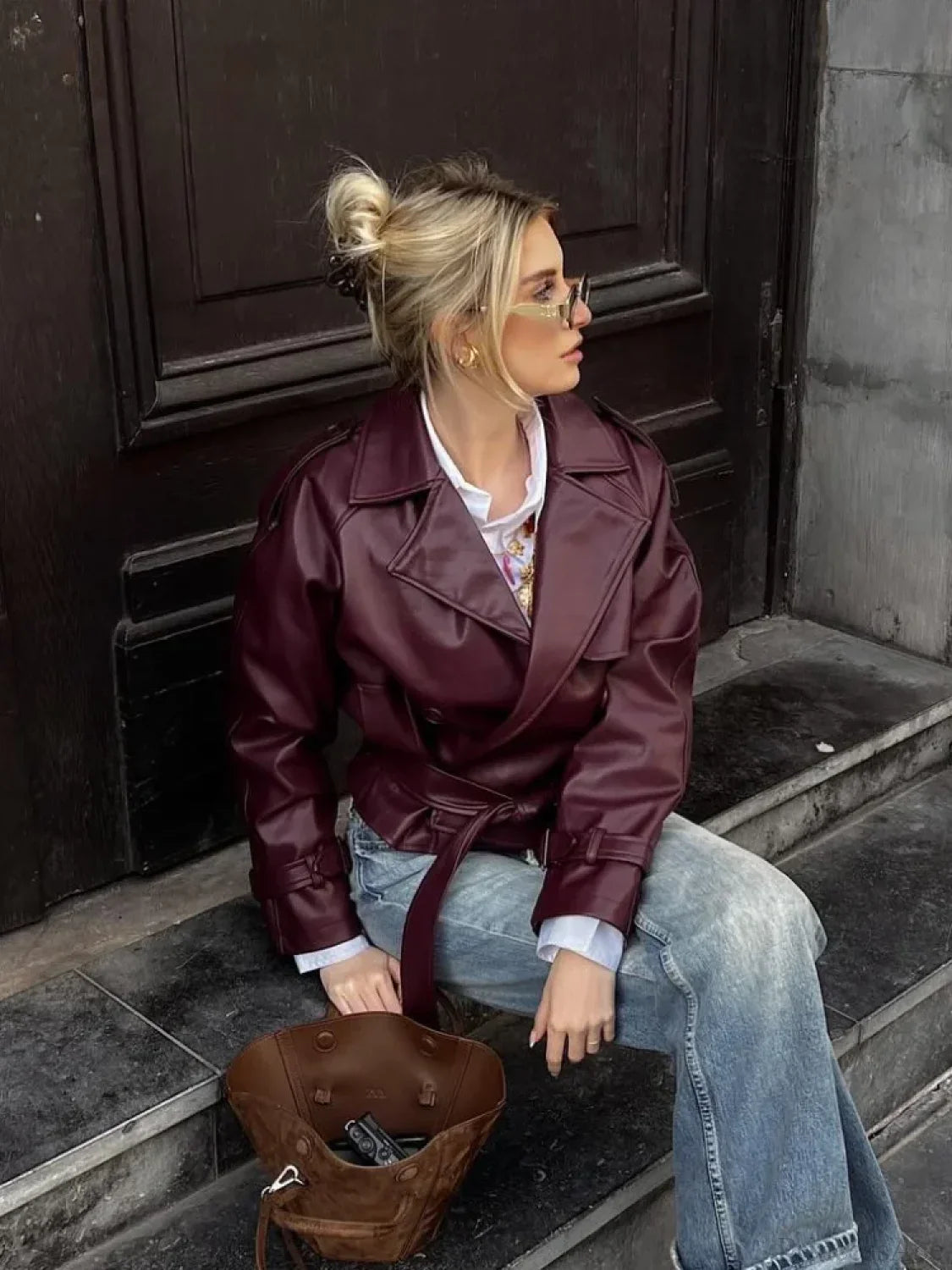 Burgundy Lapel Short Leather Coat