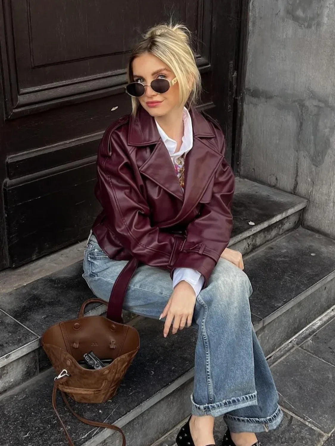 Burgundy Lapel Short Leather Coat