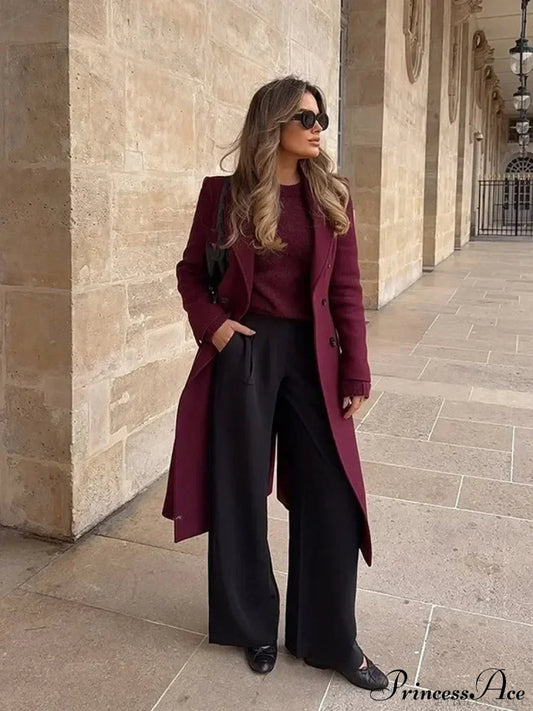 Burgundy Lapel Woolen Double-Breasted Overcoat