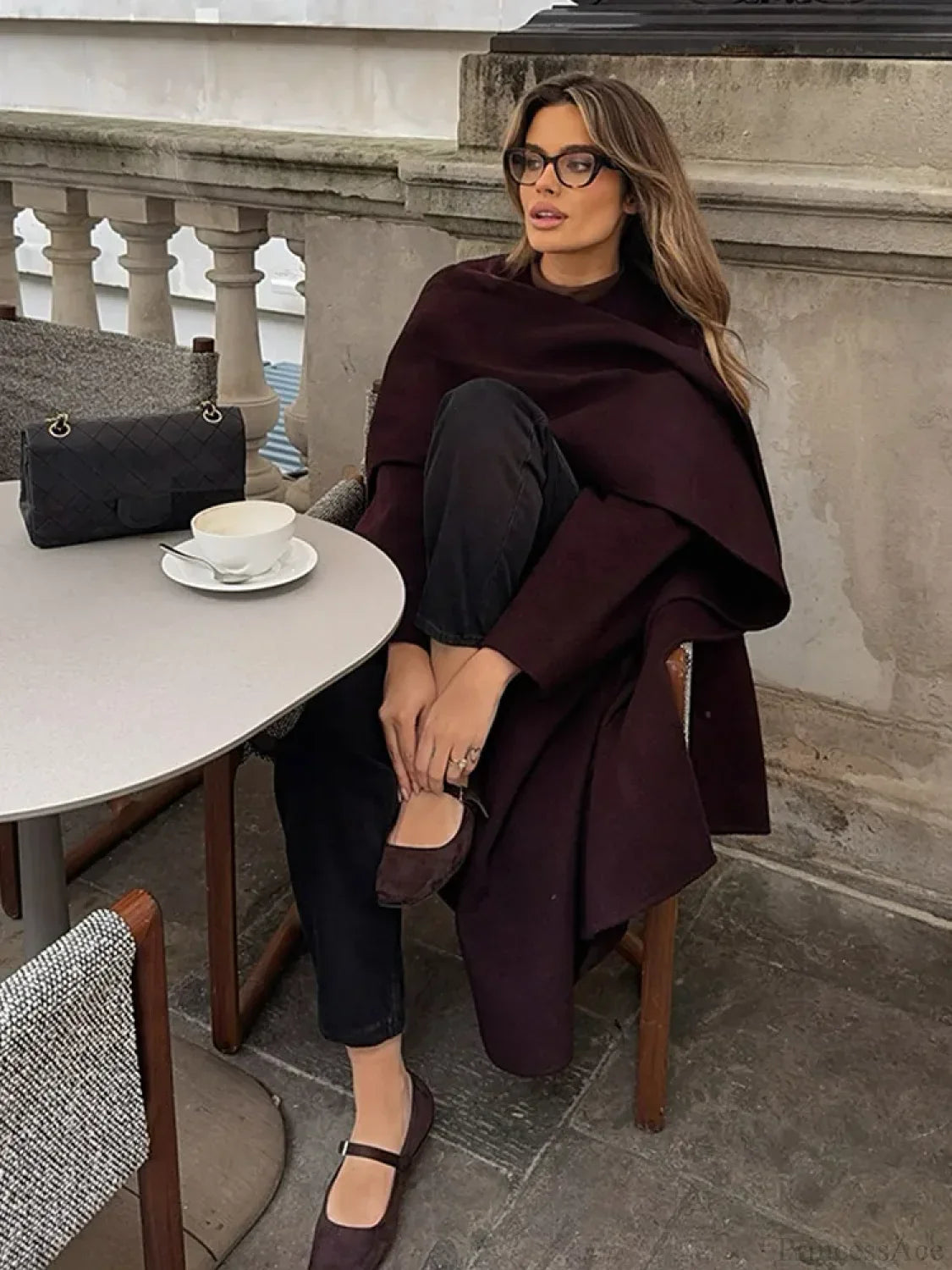 Burgundy Long Sleeve Scarf Wool Coat