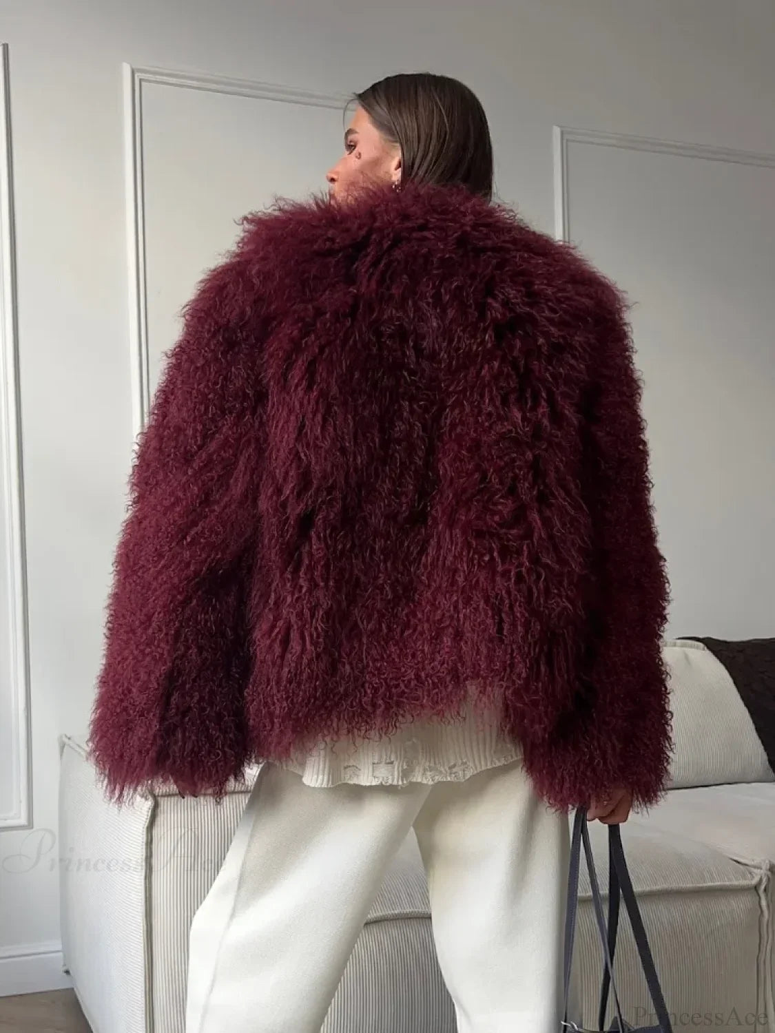 Burgundy Oversized Faux Fur Coat Coats-241208