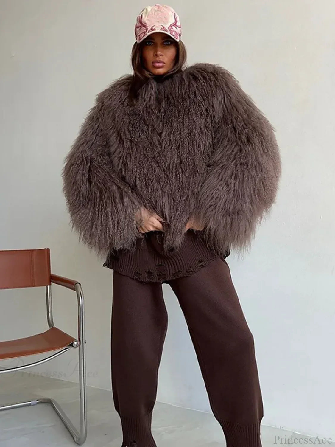 Burgundy Oversized Faux Fur Coat Coats-241208