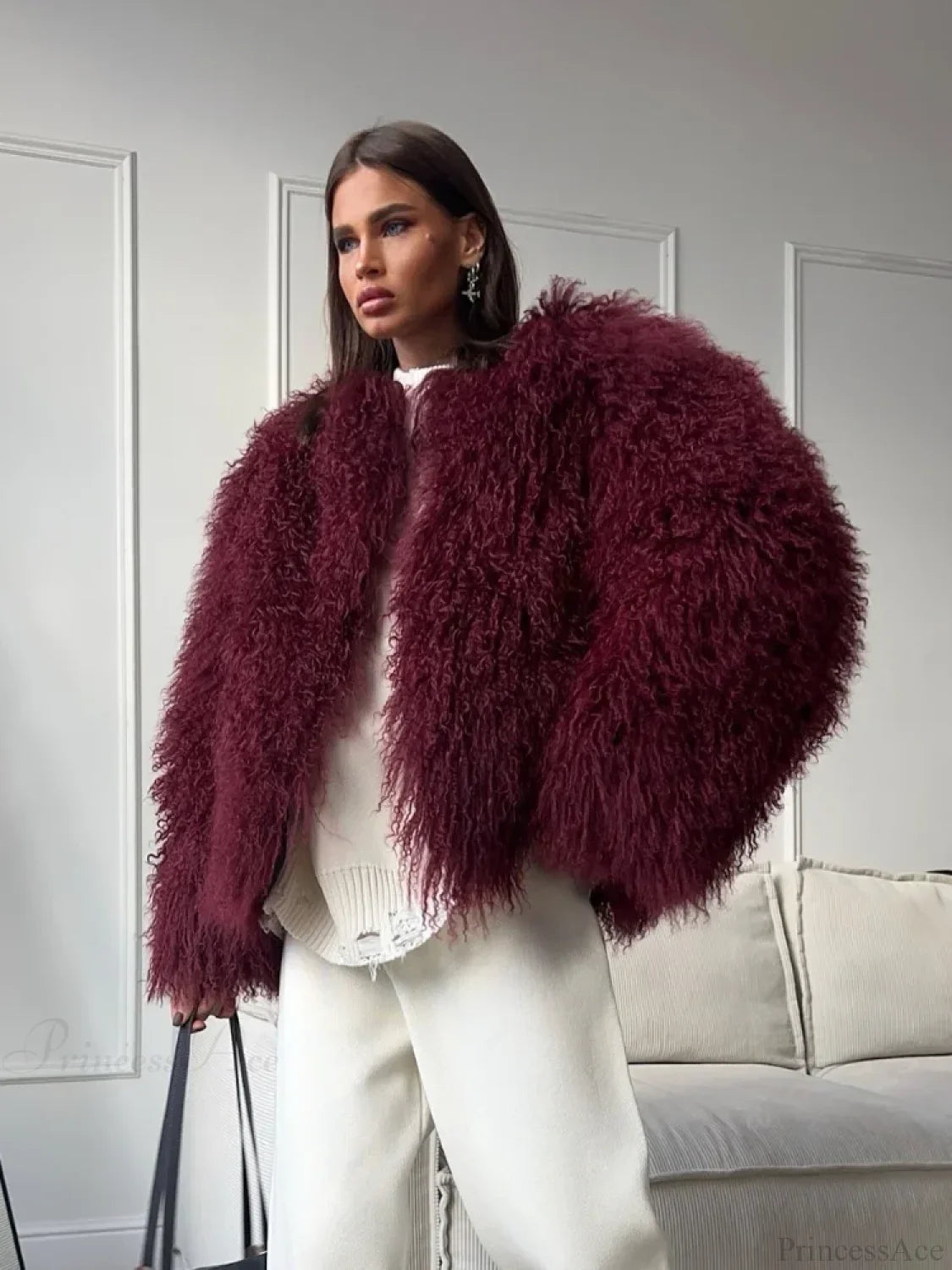 Burgundy Oversized Faux Fur Coat Coats-241208