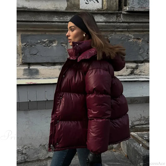 Burgundy Red Stand Collar Parka Coats-241208