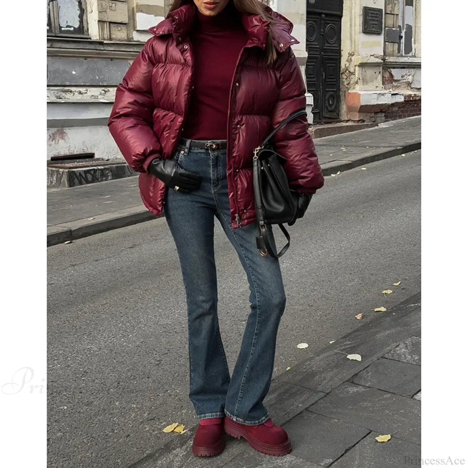 Burgundy Red Stand Collar Parka Coats-241208