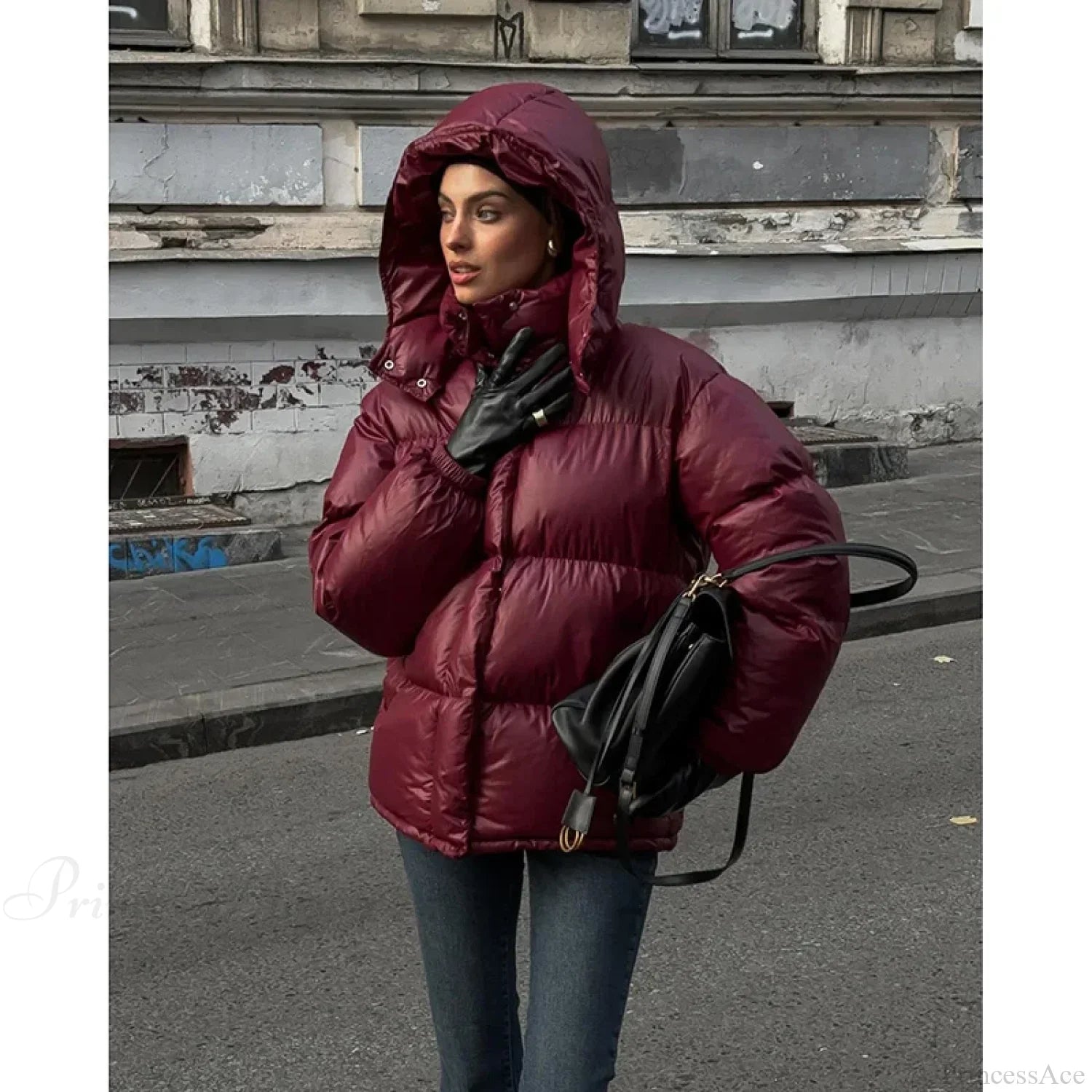 Burgundy Red Stand Collar Parka Wine Red / S Coats-241208