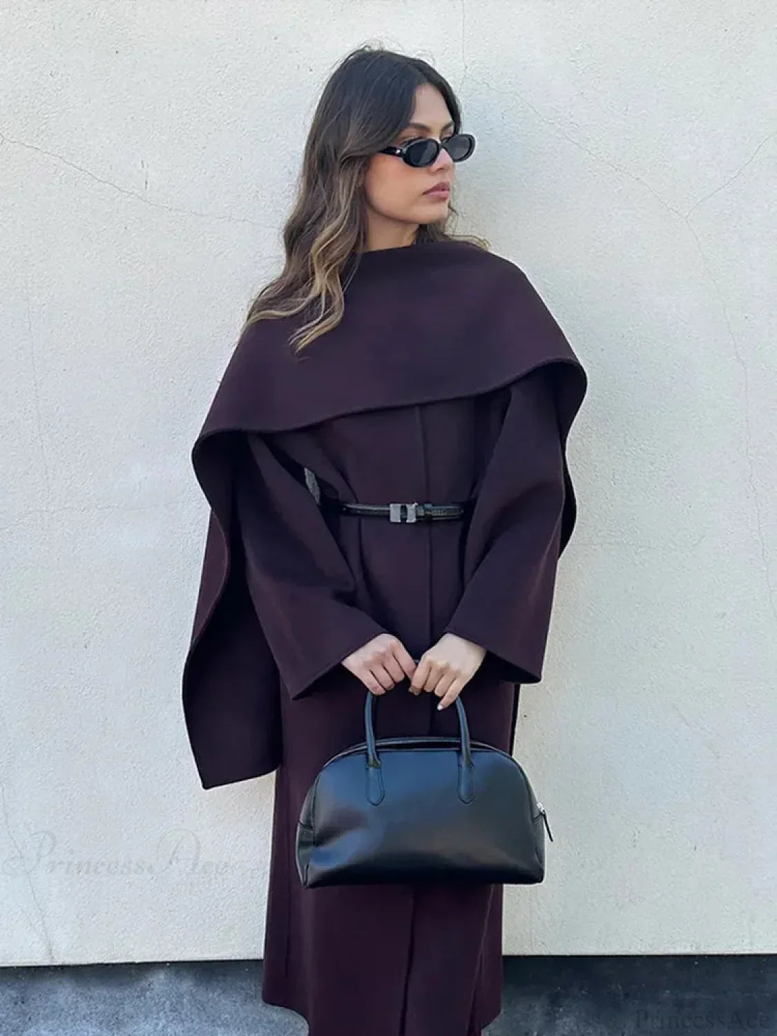 Burgundy Scarf Collar Woolen Coat