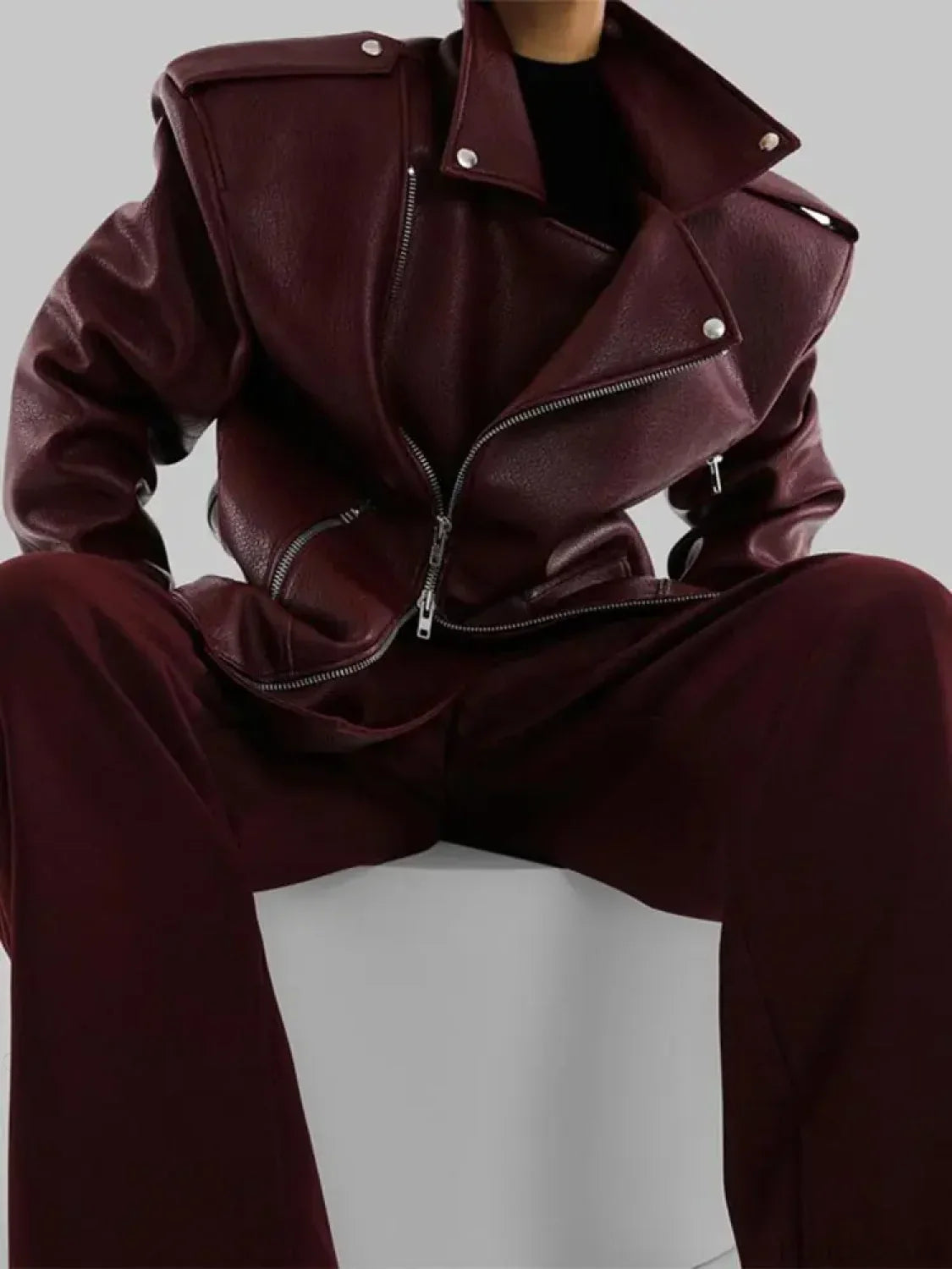 Burgundy Zipper Stand Collar Leather Coat