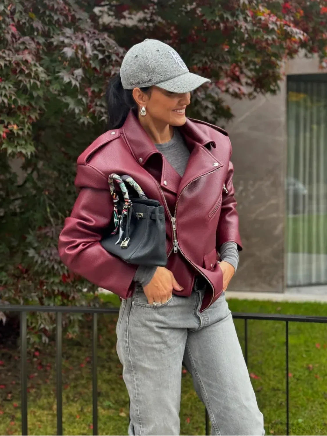 Burgundy Zipper Stand Collar Leather Coat