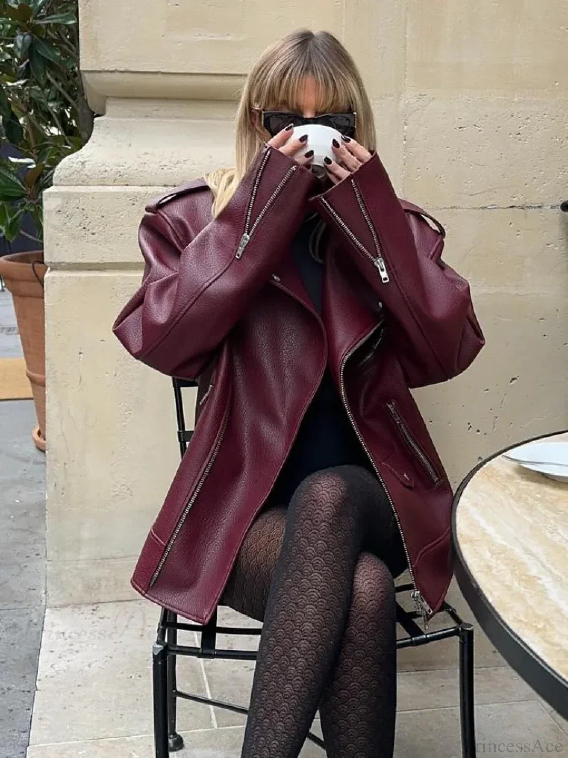 Burgundy Zipper Stand Collar Leather Coat