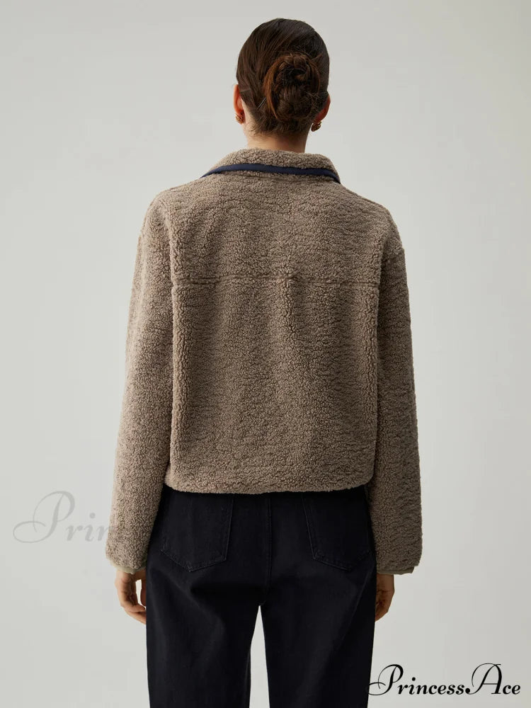 Button Down Collar Trendy Contrast Trim Sherpa Sweater Sweatshirts