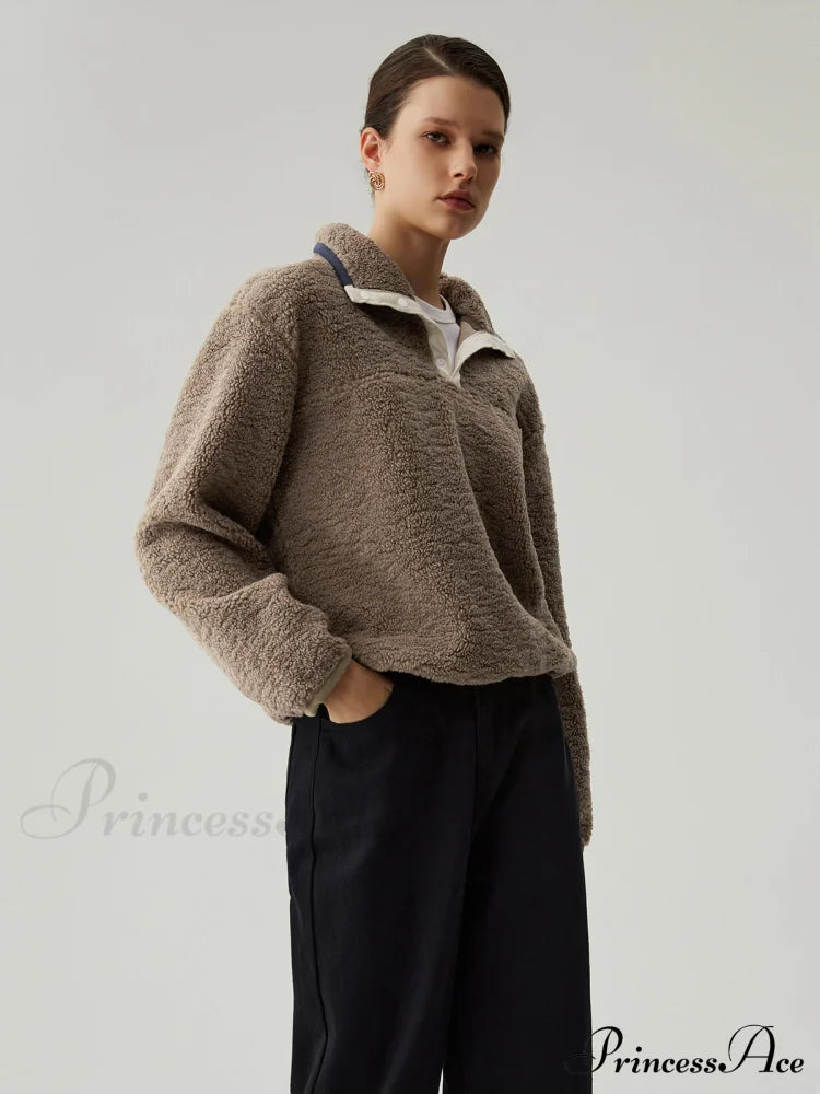 Button Down Collar Trendy Contrast Trim Sherpa Sweater Sweatshirts