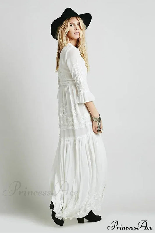 Button Down Hollow Embroidery High Waist Boho Dress