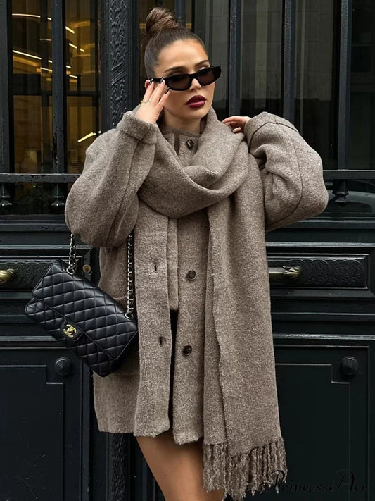 Button Down Pocket Coat Modern With Matching Tassel Scarf Khaki / Xs Sweaters-L