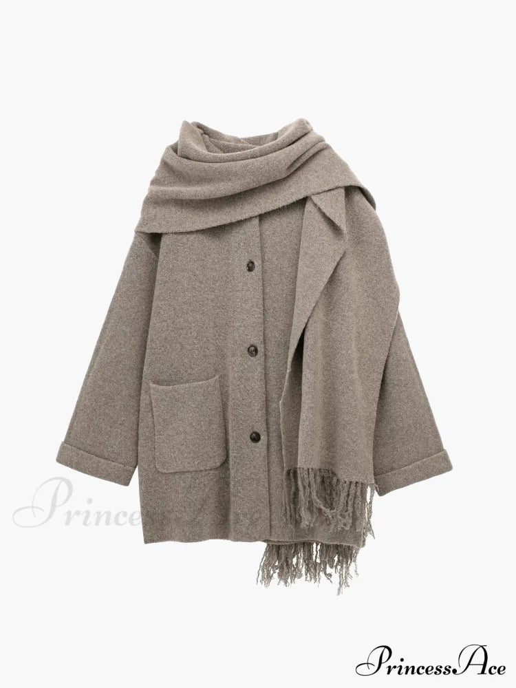 Button Down Pocket Coat Modern With Matching Tassel Scarf Sweaters-L