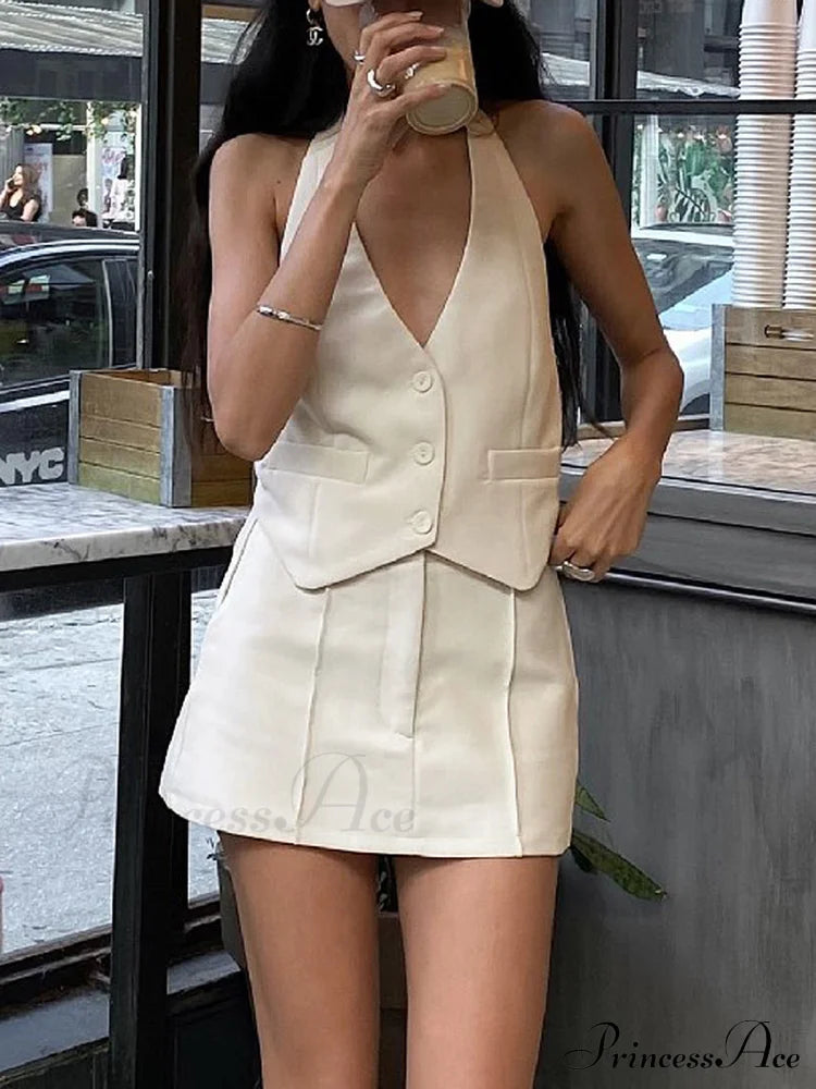 Button Front Halter Neck Backless Classic Vest Blazer With Skirt Set Apricot / Xs Sets
