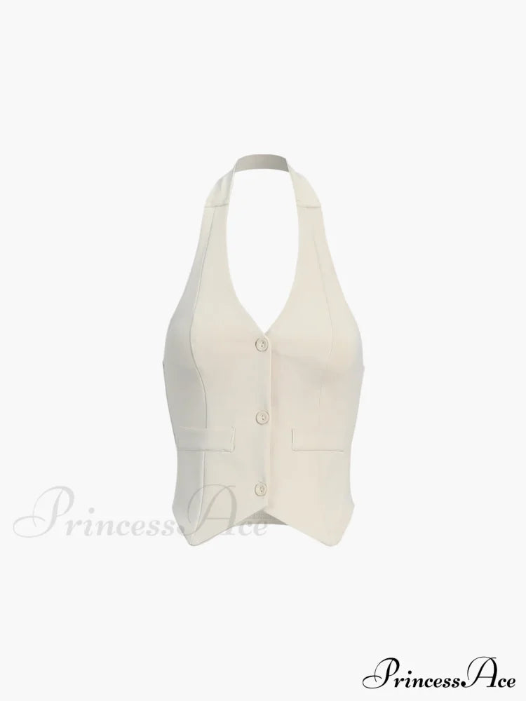 Button Front Halter Neck Backless Classic Vest Blazer With Skirt Set Sets