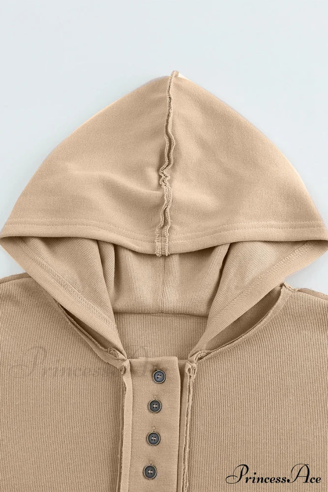 Button Khaki Solid Trim Casual Patchwork Hoodie Sweaters-L