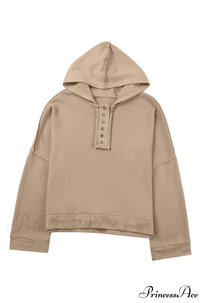 Button Khaki Solid Trim Casual Patchwork Hoodie Sweaters-L