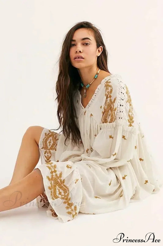 Button Up Black Embroidery Vintage Cotton Boho Dress