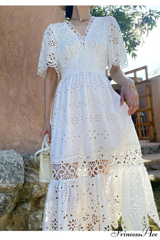 Button Up Embroidery Lantern Sleeve Cotton Boho Dress
