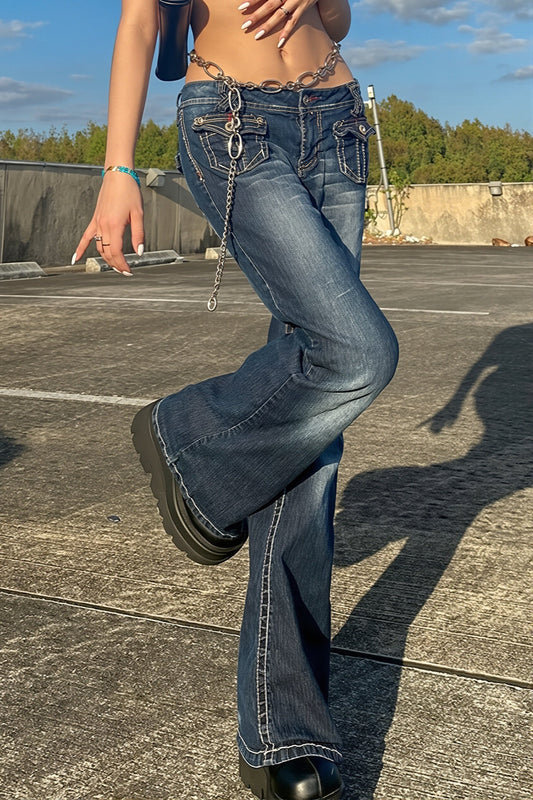 Low Waist Pocket Vintage Washed Jeans