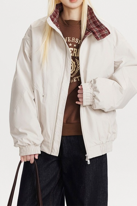 Vintage Plaid Paneled Stand Collar Loose Warm Jacket