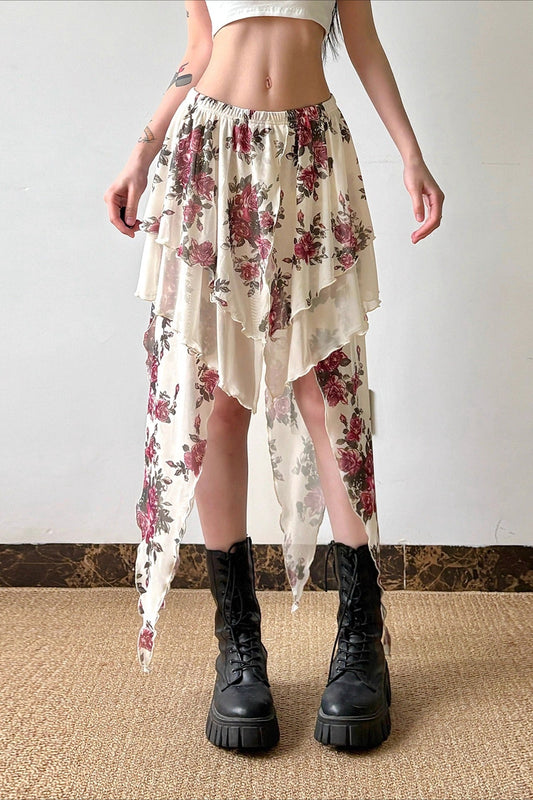 Vintage Floral Asymmetrical Skirt