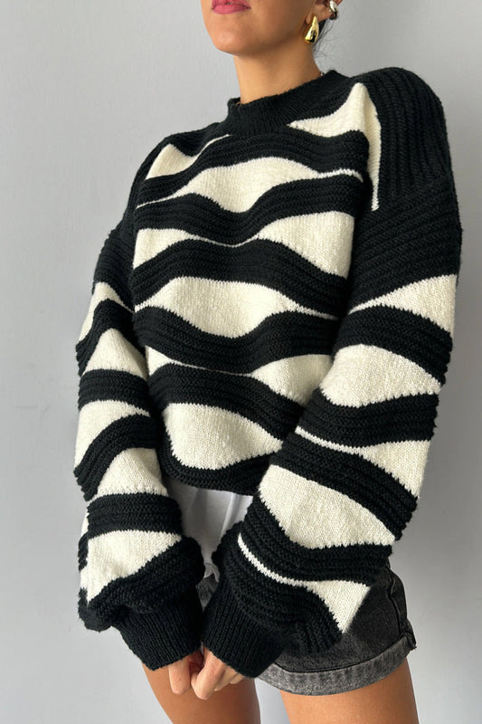Knit Black White Stripe Round Neck Loose Sweater