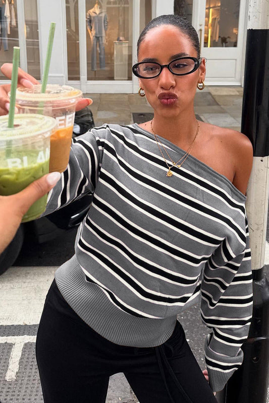 Off Shoulder Striped Color Block Long Sleeve Sweater Bloshope