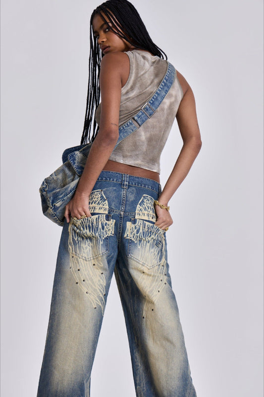 Vintage Faded Wing Print Baggy Jeans