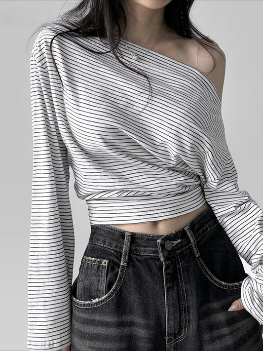 Striped Off-Shoulder Loose Slash Neck Long Sleeve Knit Top